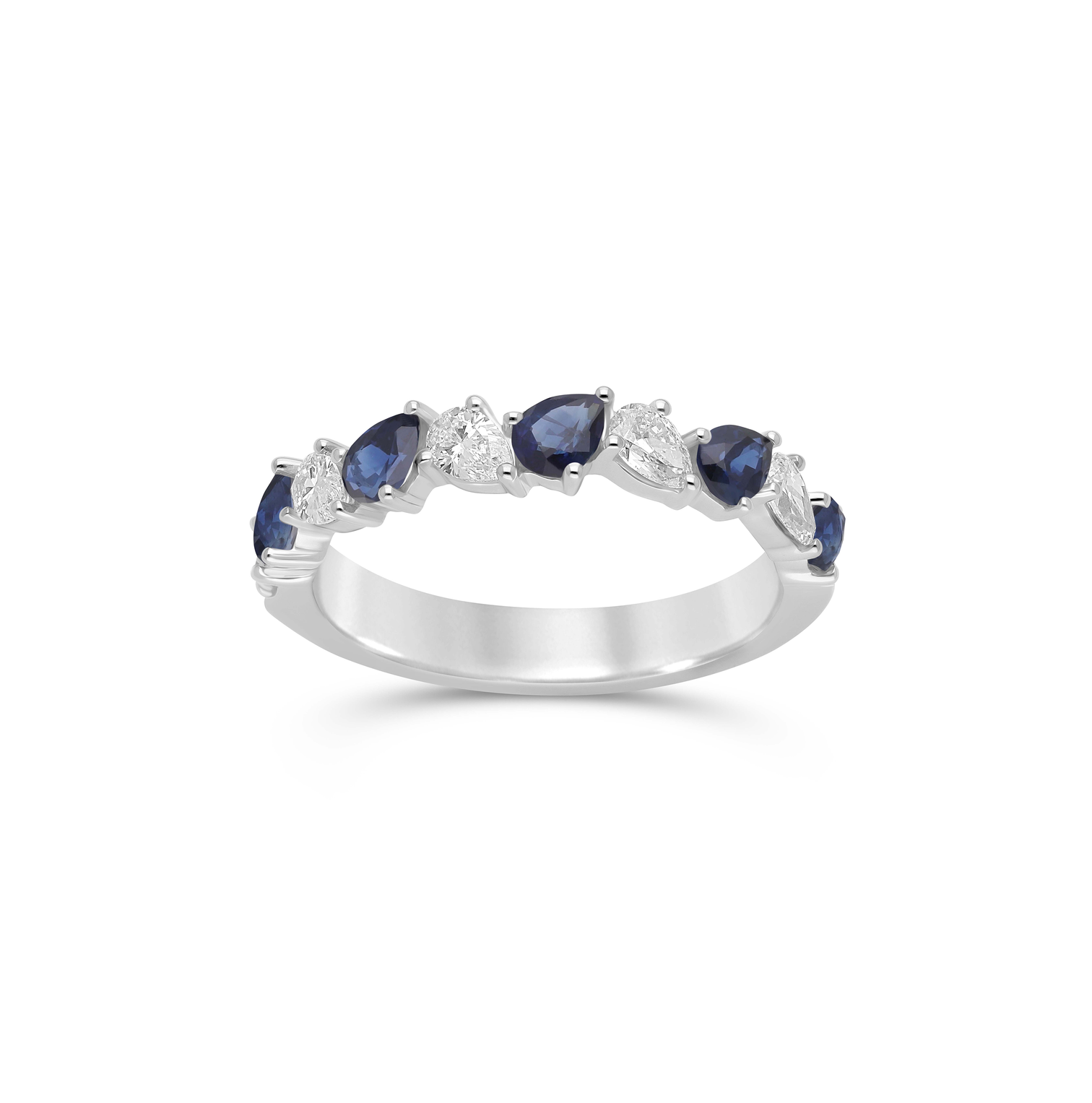 14K White Gold Alternating Pear Shape Blue Sapphire and Diamond Ring